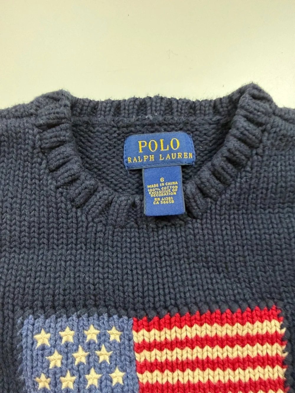Polo by Ralph Lauren Navy Knit Crewneck Sweater with Flag Motif - Boys Size 6 - Picture 2 of 5